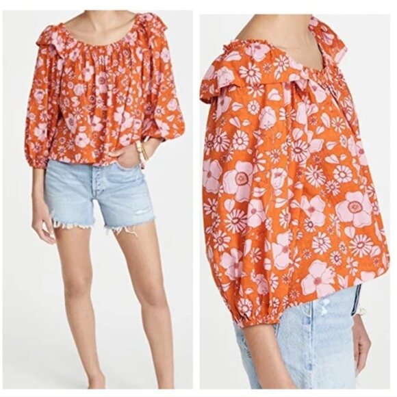 Free People Miss Daisy Top Blouse Long Sleeve Shirt Floral Orange Size Small - Picture 1 of 9
